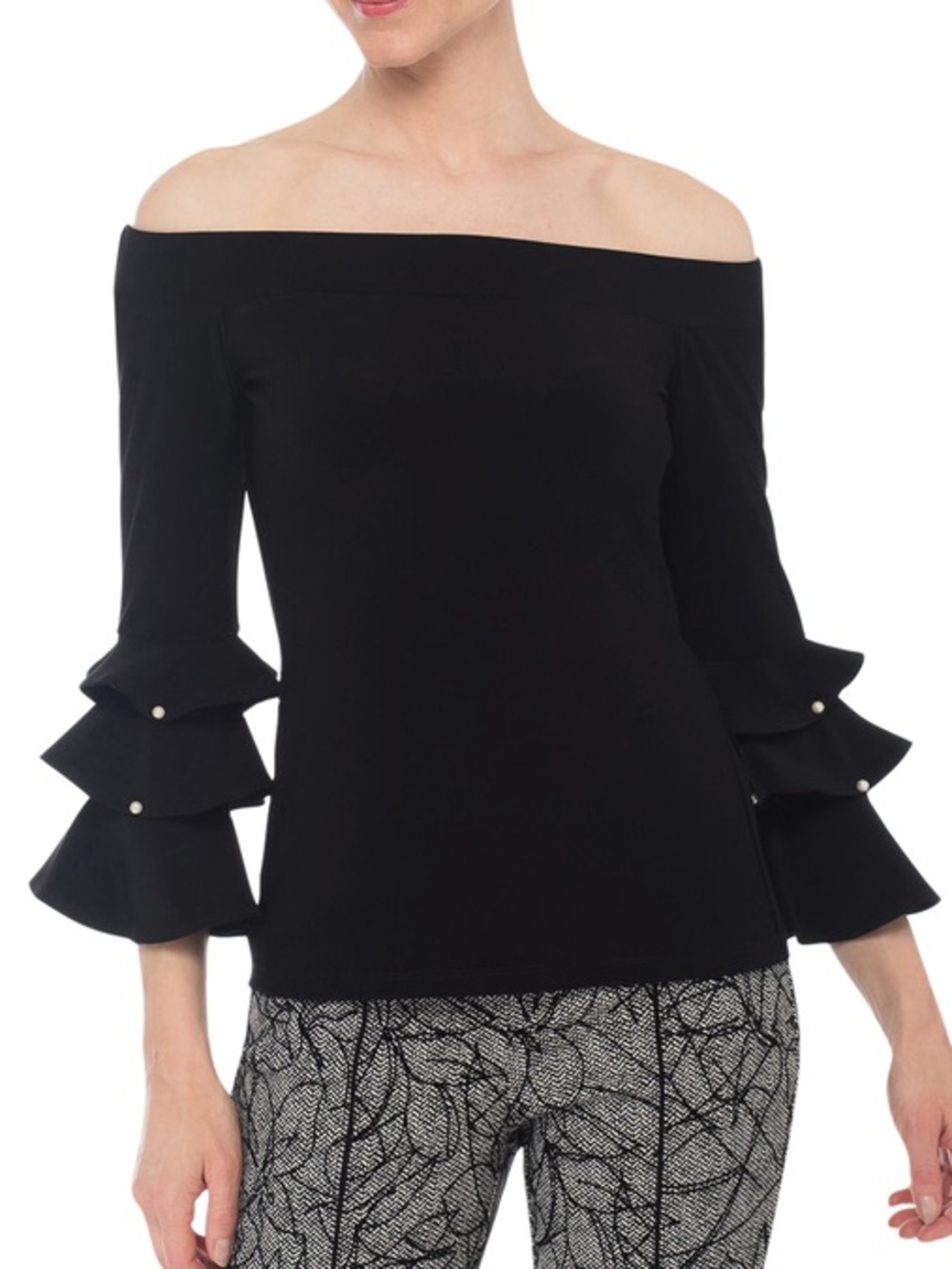 Joseph Ribkoff Off-Shoulder Pearl Ruffle Sleeve Blouse Black Size XXS